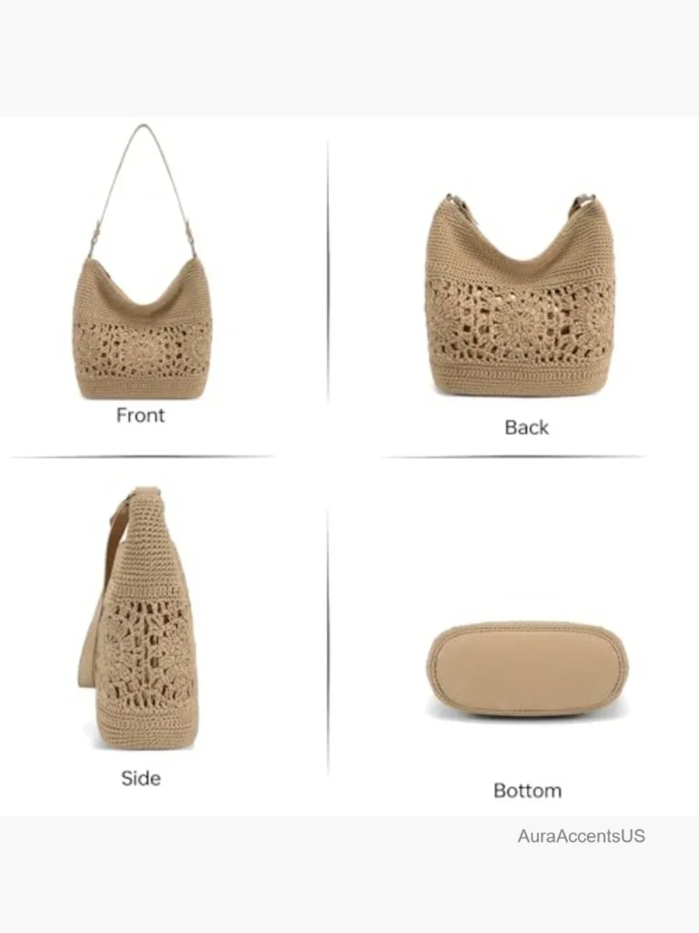 Crochet Hobo Bag Woven Boho Shoulder Purse Leather Strap